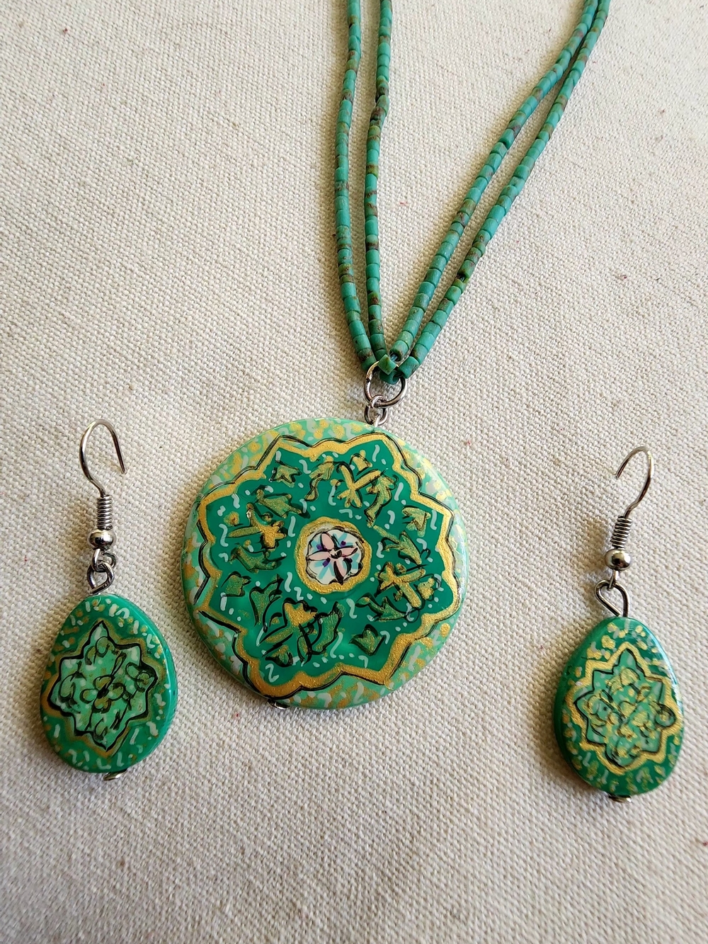 Mother Of Pearl Hand-Painted Green Floral Pendant Necklace and Earring Set